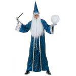 Wizard XL The costume is blue, gold, or red in color and includes a hat of the same color. The costume consists of a long coat with wide sleeves and a button fastening, and pants in the same color as the coat. The coat has a black lining and the hat has a wide brim. At the end of the description, mention that the costume is in size XL.